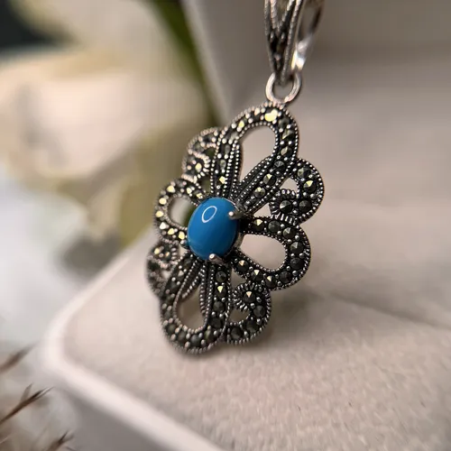 Pandantiv din argint cu marcasite si turcoaz albastru 17-1-i39223T