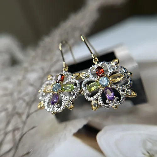 Cercei din argint placat cu aur cu pietre semipretioase: ametist mov, topaz bleu, peridot, citrin 11-1-i31396