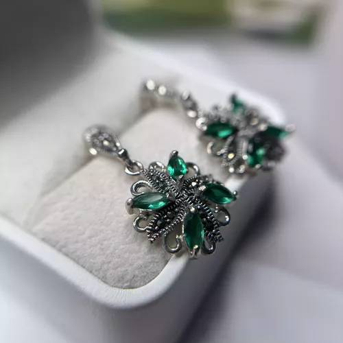 Cercei din argint cu marcasite si zirconia verde 11-1-i42193V