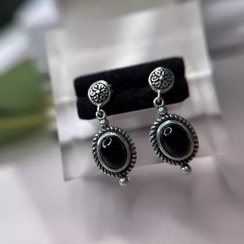 Cercei din argint si piatra neagra ovala onix 11-1-i62436N