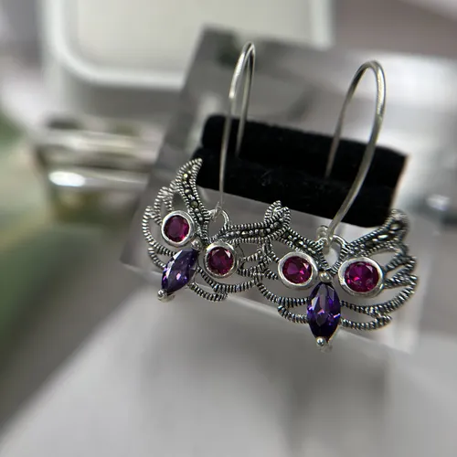 Cercei bufnita din argint cu marcasite si cubic zirconia mov 11-1-i37552M