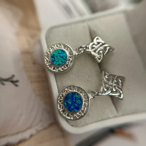 Cercei cu model celtic din argint si opal albastru 11-1-i62606B