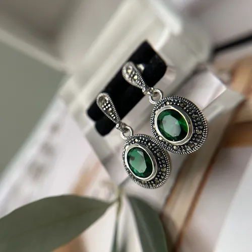 Cercei cu marcasite si zirconia verde din argint 11-1-i62351