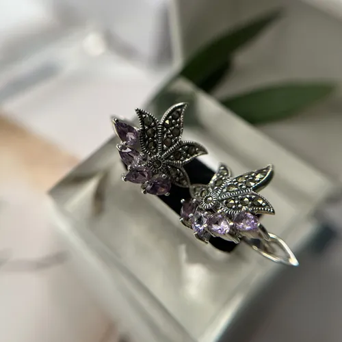 Cercei cu ametist si marcasite din argint 11-1-i17295
