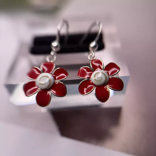 Cercei din argint model floare cu email rosu si scoica shiva 11-1-i5768