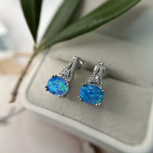 Cercei din argint cu opal albastru si cubic zirconia 11-1-i44418