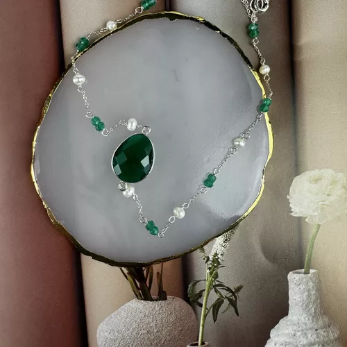 Colier din argint cu agate verzi si perle de cultura 14-1-i62782 